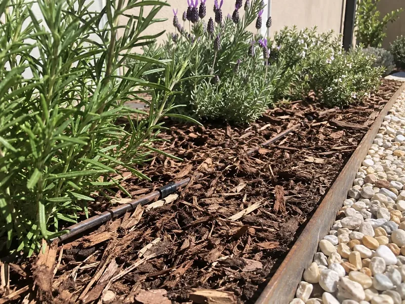 Detalle de plantación con corteza y bordillo metálico
