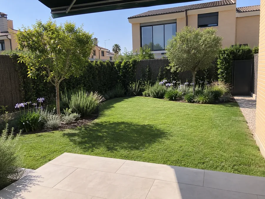 Jardín doméstico con césped y plantación perimetral